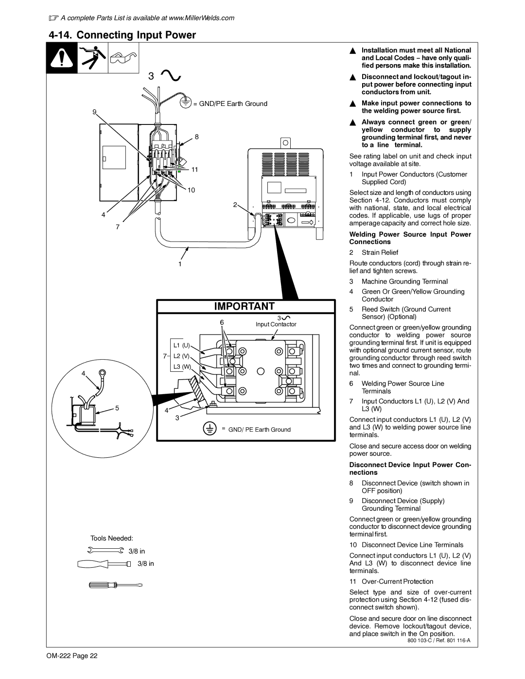 Miller Electric 852 manual Connecting Input Power, Welding Power Source Input Power Connections 