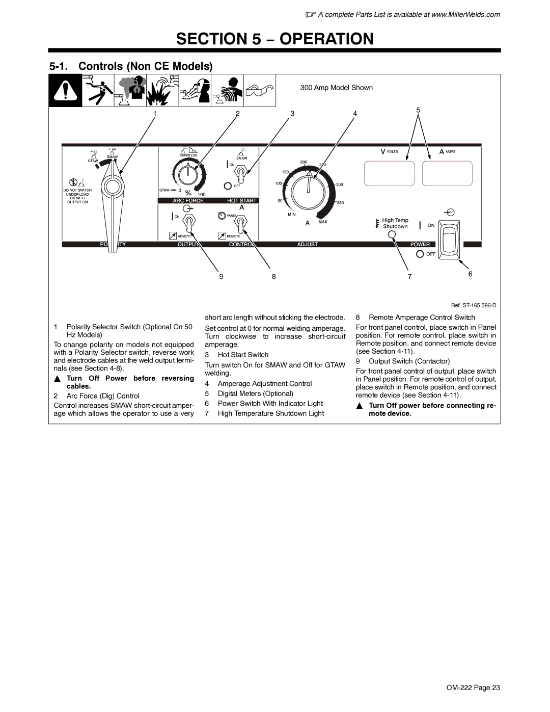 Miller Electric 852 manual Operation, Controls Non CE Models, Turn Off Power before reversing cables 