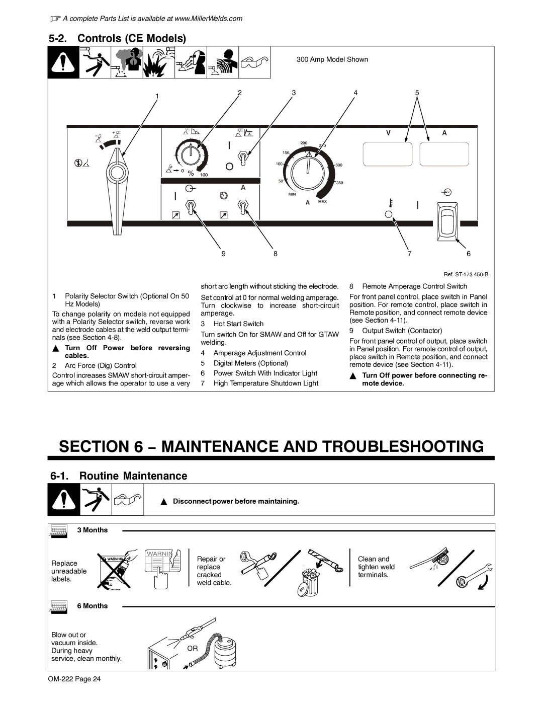 Miller Electric 852 manual Maintenance and Troubleshooting, Controls CE Models, Routine Maintenance 