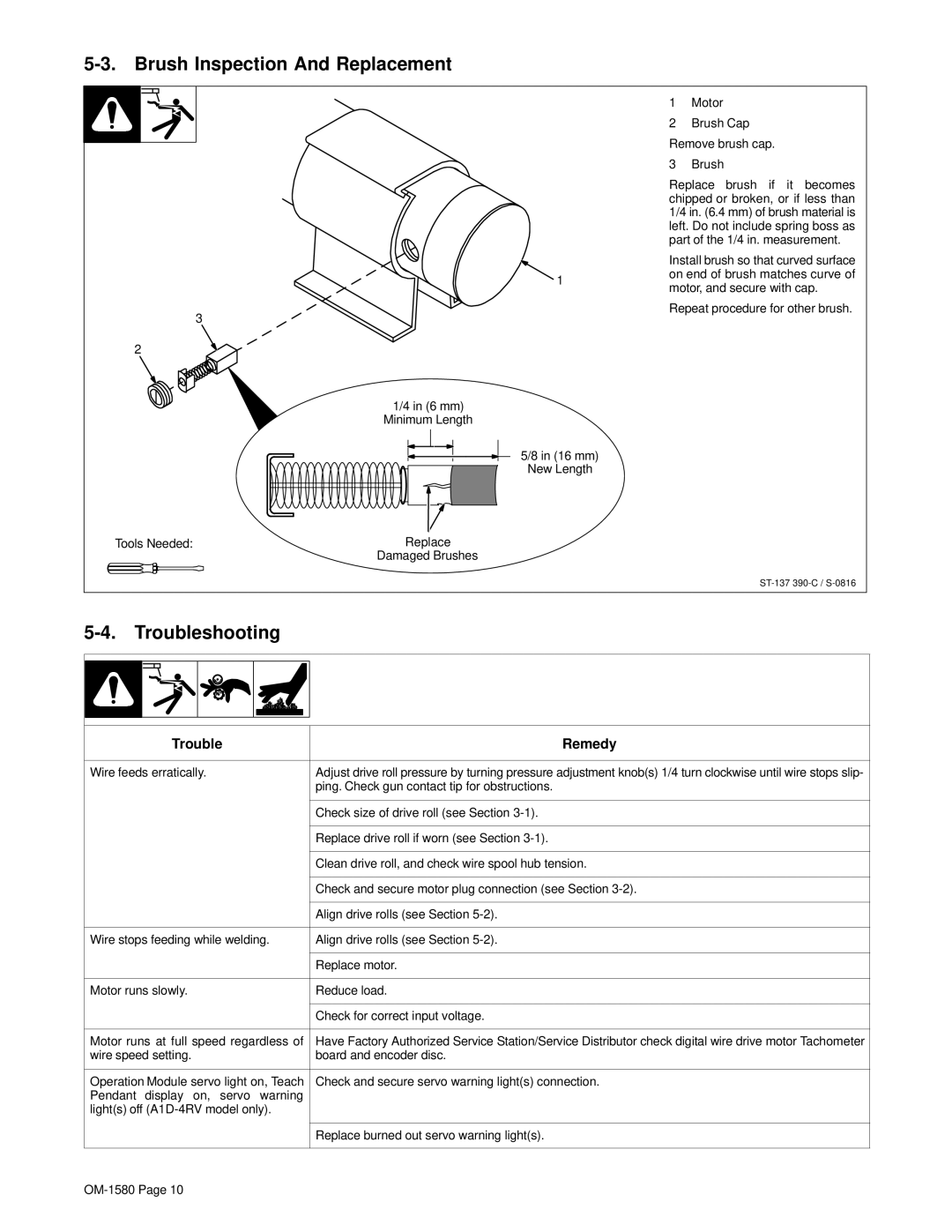 Miller Electric A1D-4RV, A1D-4RW manual Brush Inspection And Replacement, Troubleshooting 