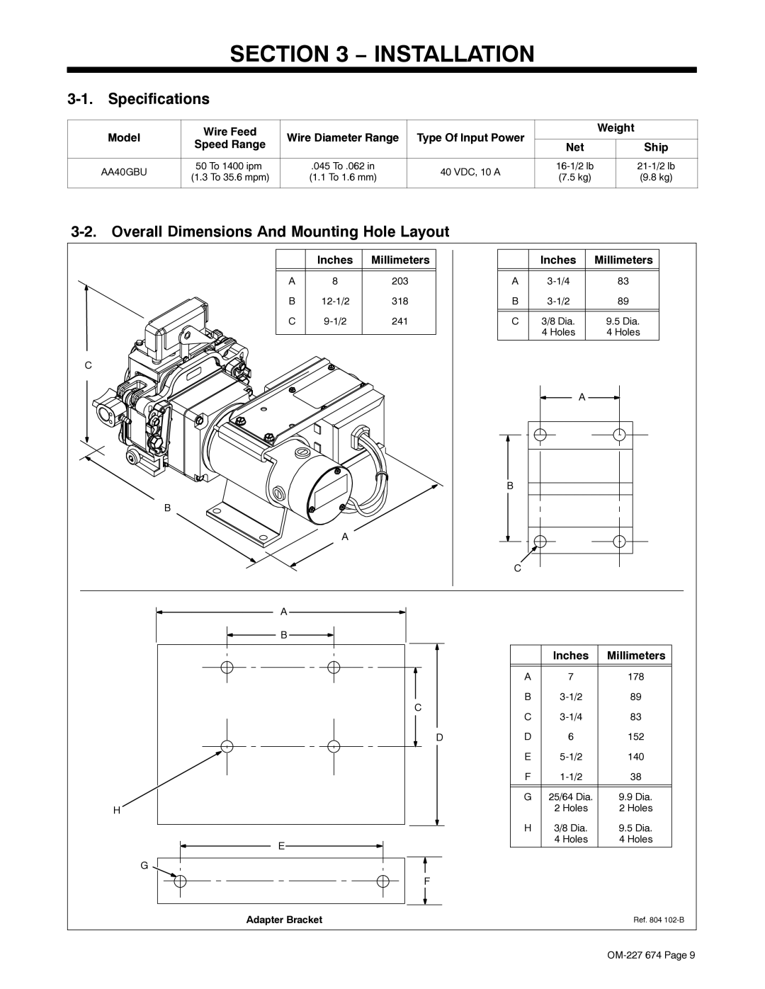 Miller Electric AA40GBU manual Specifications, Overall Dimensions And Mounting Hole Layout, Adapter Bracket 