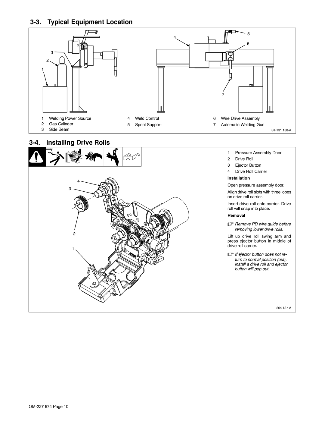 Miller Electric AA40GBU manual Typical Equipment Location, Installing Drive Rolls, Installation, Removal 