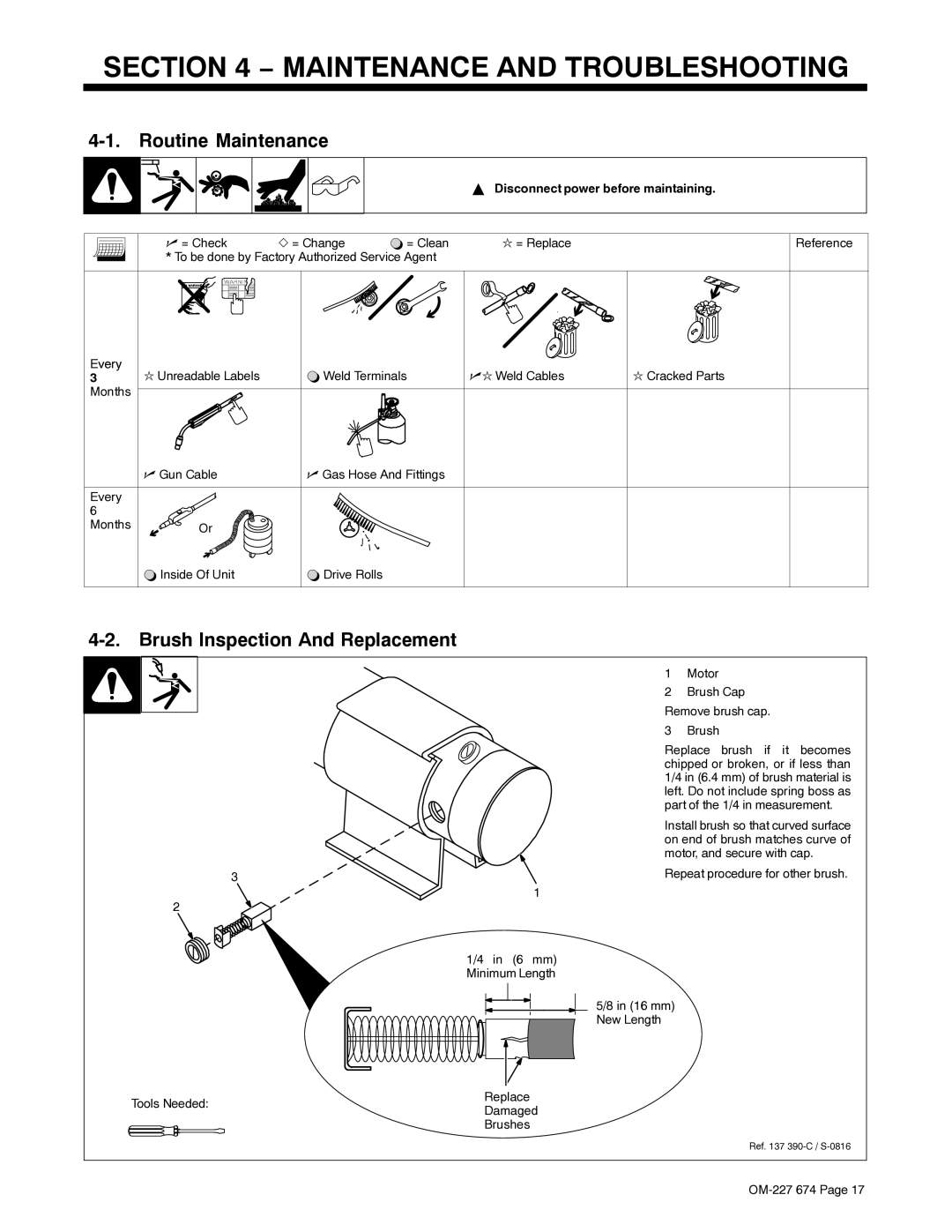 Miller Electric AA40GBU manual Routine Maintenance, Brush Inspection And Replacement, Disconnect power before maintaining 