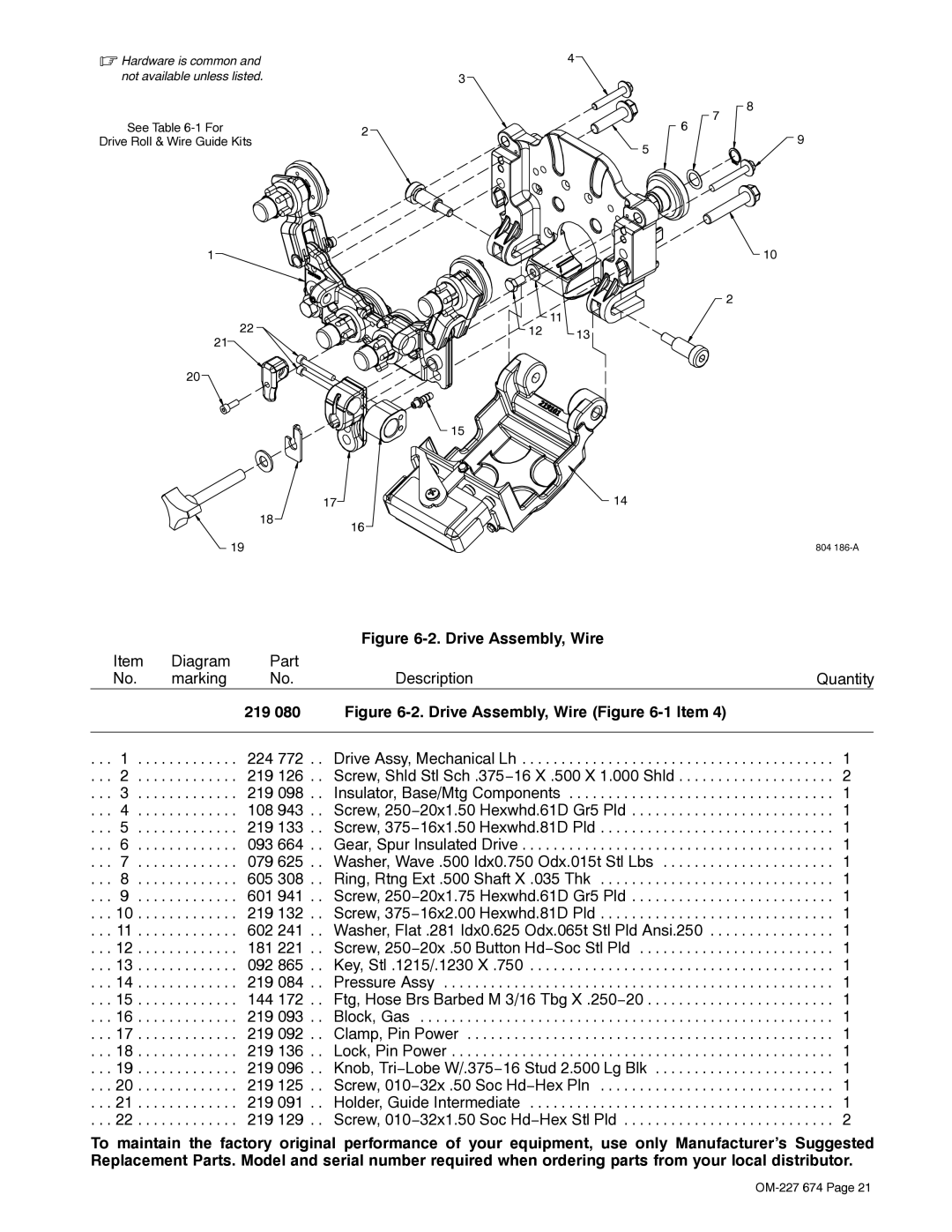 Miller Electric AA40GBU manual 219, Drive Assembly, Wire -1Item 