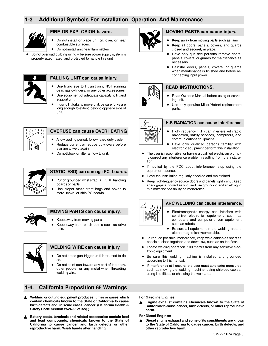 Miller Electric AA40GBU manual California Proposition 65 Warnings 