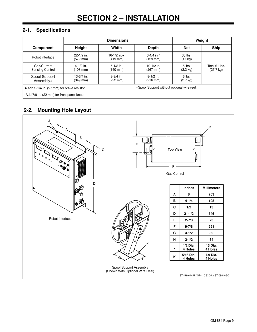 Miller Electric A.B.B. Robot Interface Gas Control Hub And Spindle Installation, Specifications, Mounting Hole Layout 