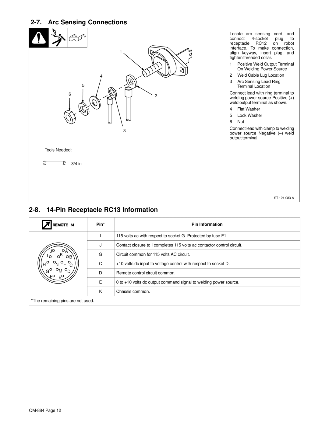 Miller Electric A.B.B. Robot Interface Gas Control Hub And Spindle manual Arc Sensing Connections, Pin Pin Information 