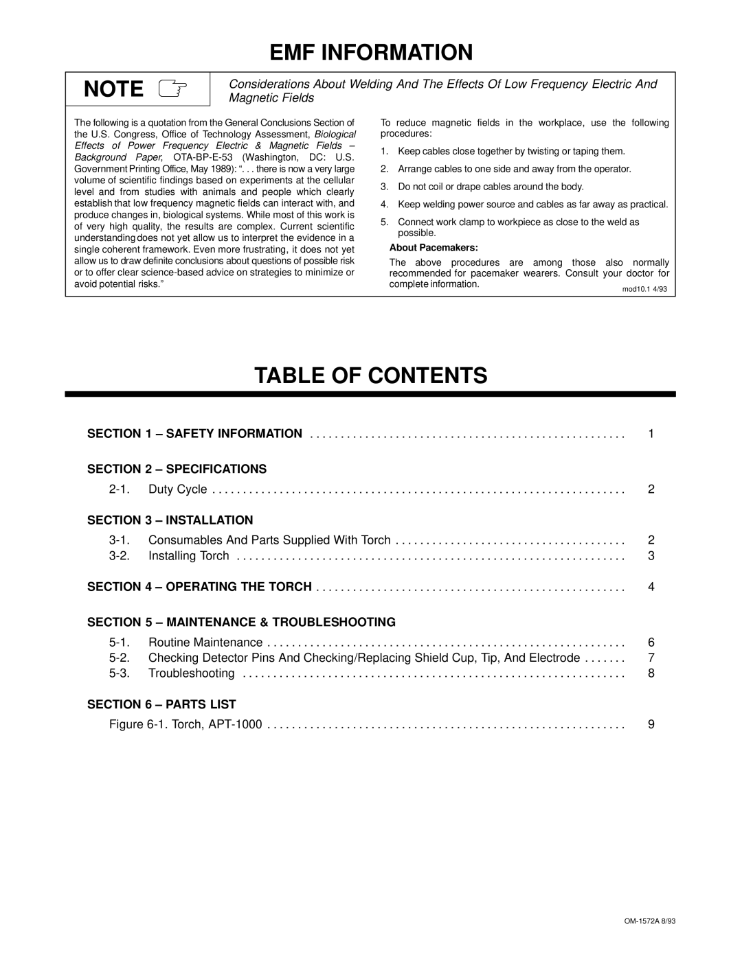 Miller Electric APT-1000 manual EMF Information, Table of Contents 