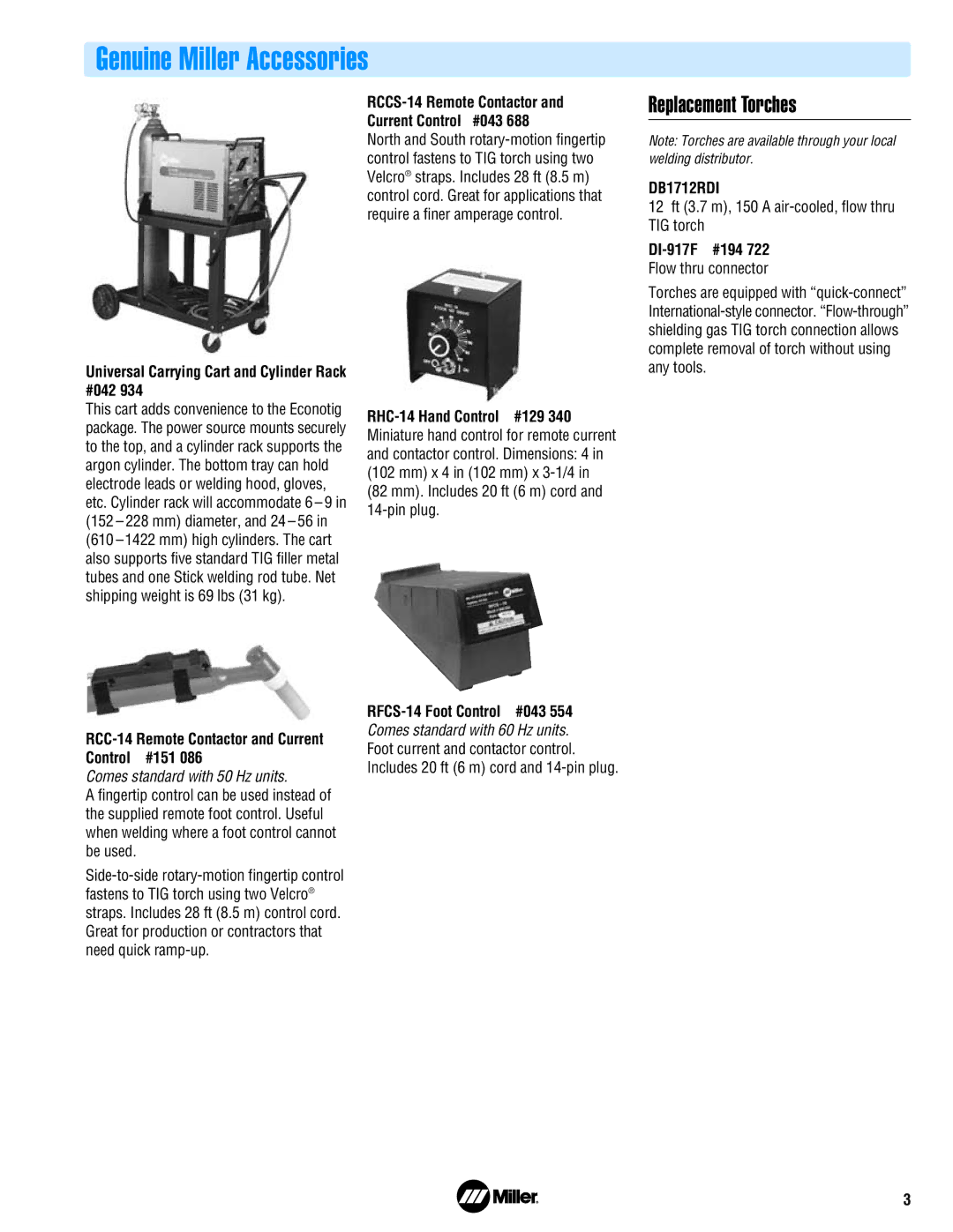 Miller Electric Arc Welding Power Source manual Genuine Miller Accessories, Replacement Torches, DI-917F #194 