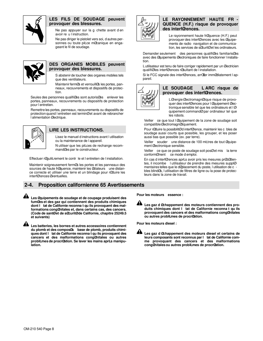 Miller Electric Auto-Axcess 450 manual Proposition californienne 65 Avertissements 