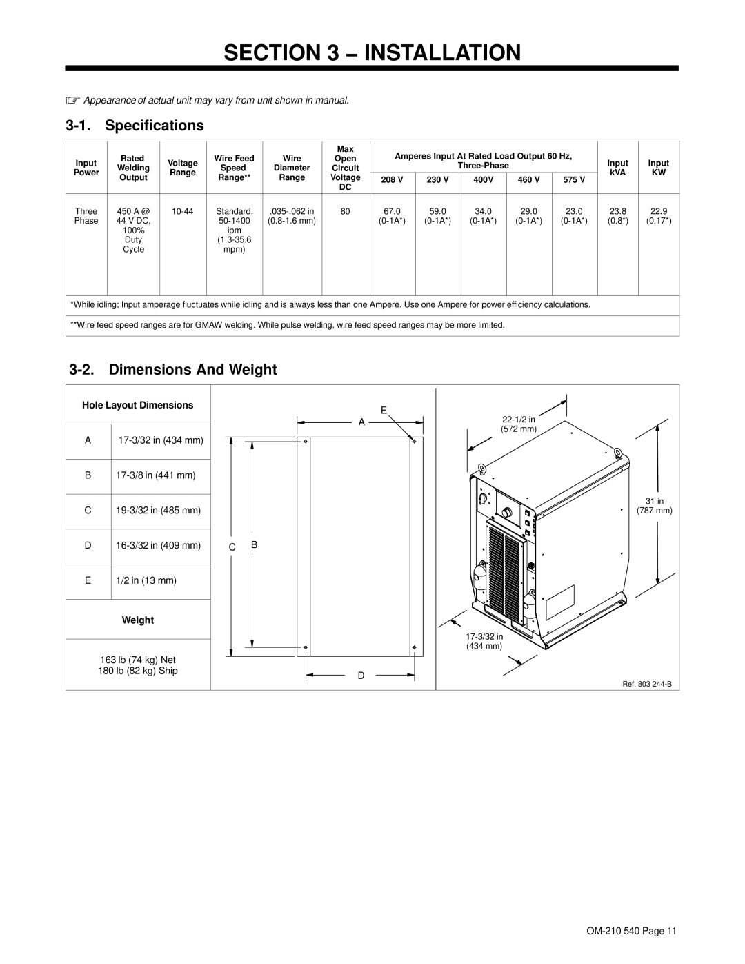 Miller Electric Auto-Axcess 450 manual Installation, Specifications, Dimensions And Weight, 16-3/32 in 409 mm 13 mm 