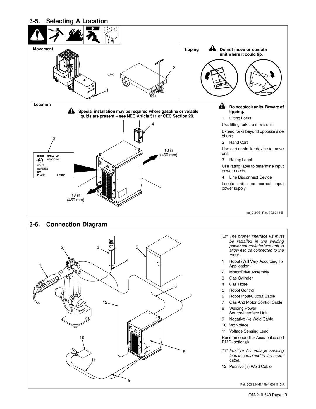 Miller Electric Auto-Axcess 450 manual Selecting a Location, Connection Diagram, Do not stack units. Beware of tipping 