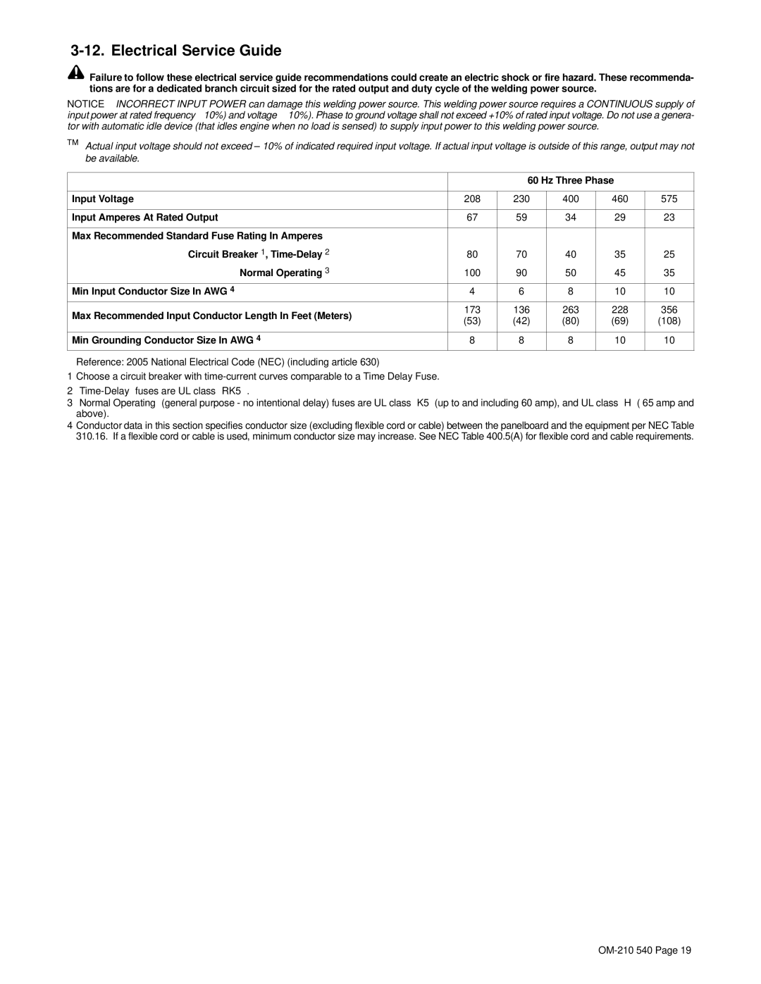 Miller Electric Auto-Axcess 450 Electrical Service Guide, Hz Three Phase Input Voltage, 230 400 460 575, 136 263 228 356 