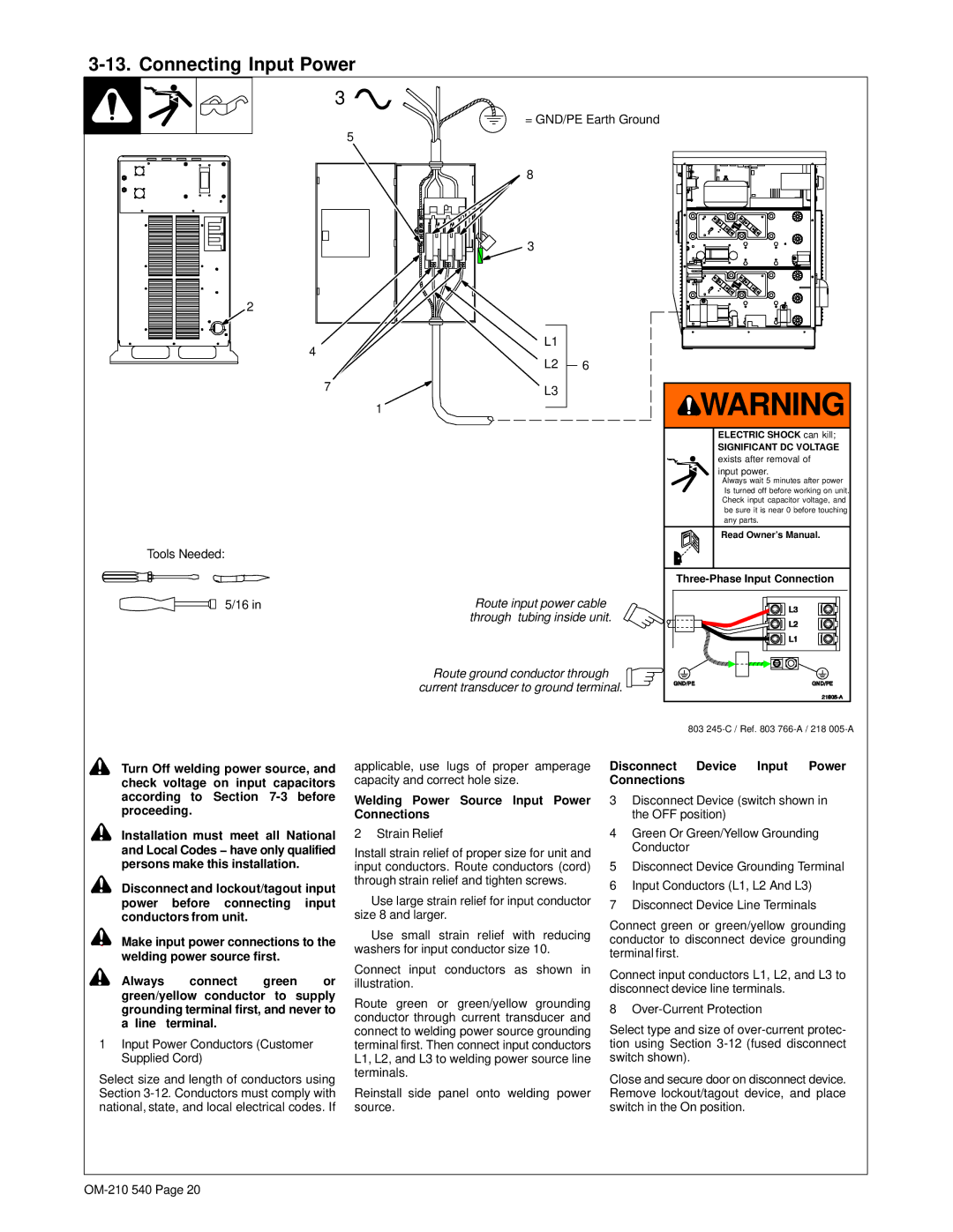 Miller Electric Auto-Axcess 450 manual Connecting Input Power, Welding Power Source Input Power Connections 