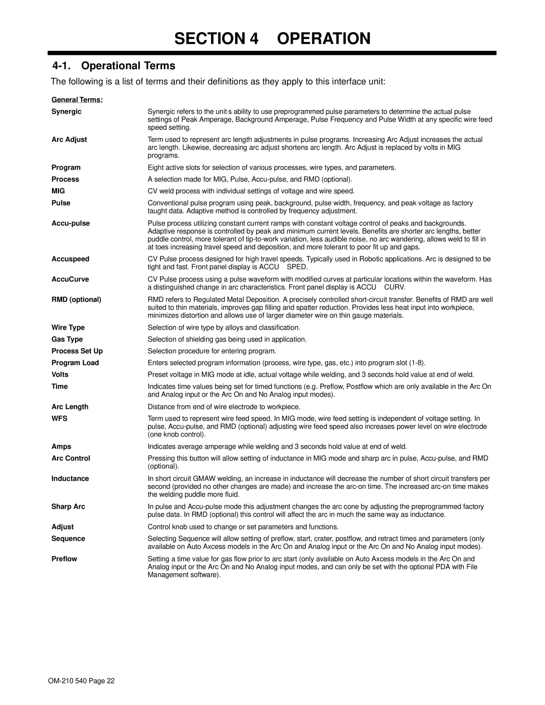 Miller Electric Auto-Axcess 450 manual Operational Terms 