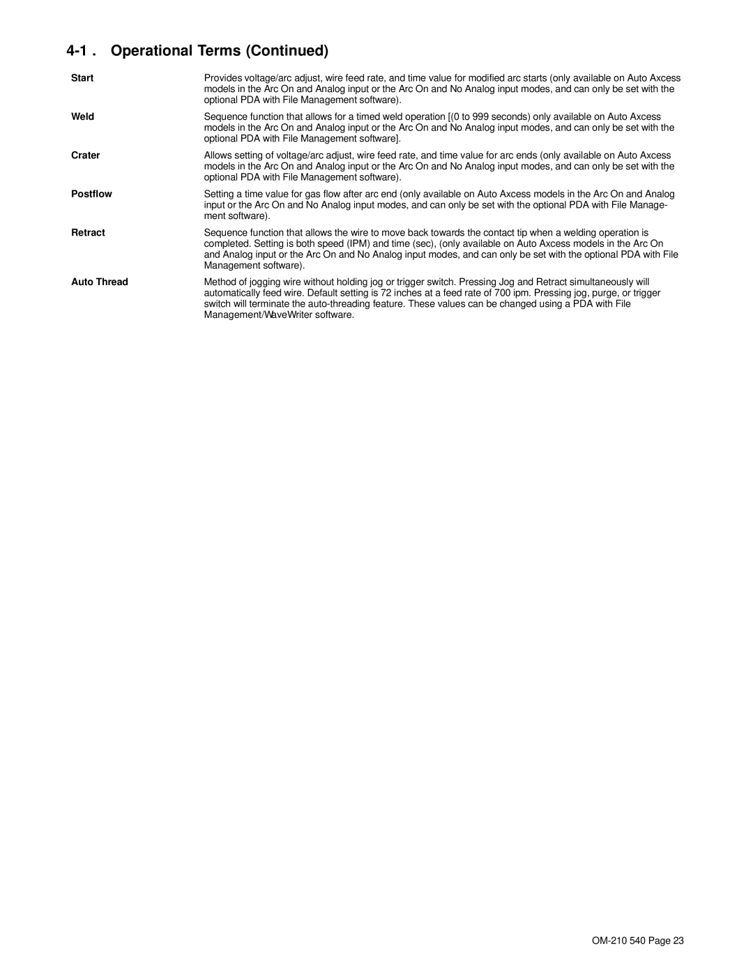 Miller Electric Auto-Axcess 450 manual Start, Weld, Crater, Postflow, Retract, Auto Thread 