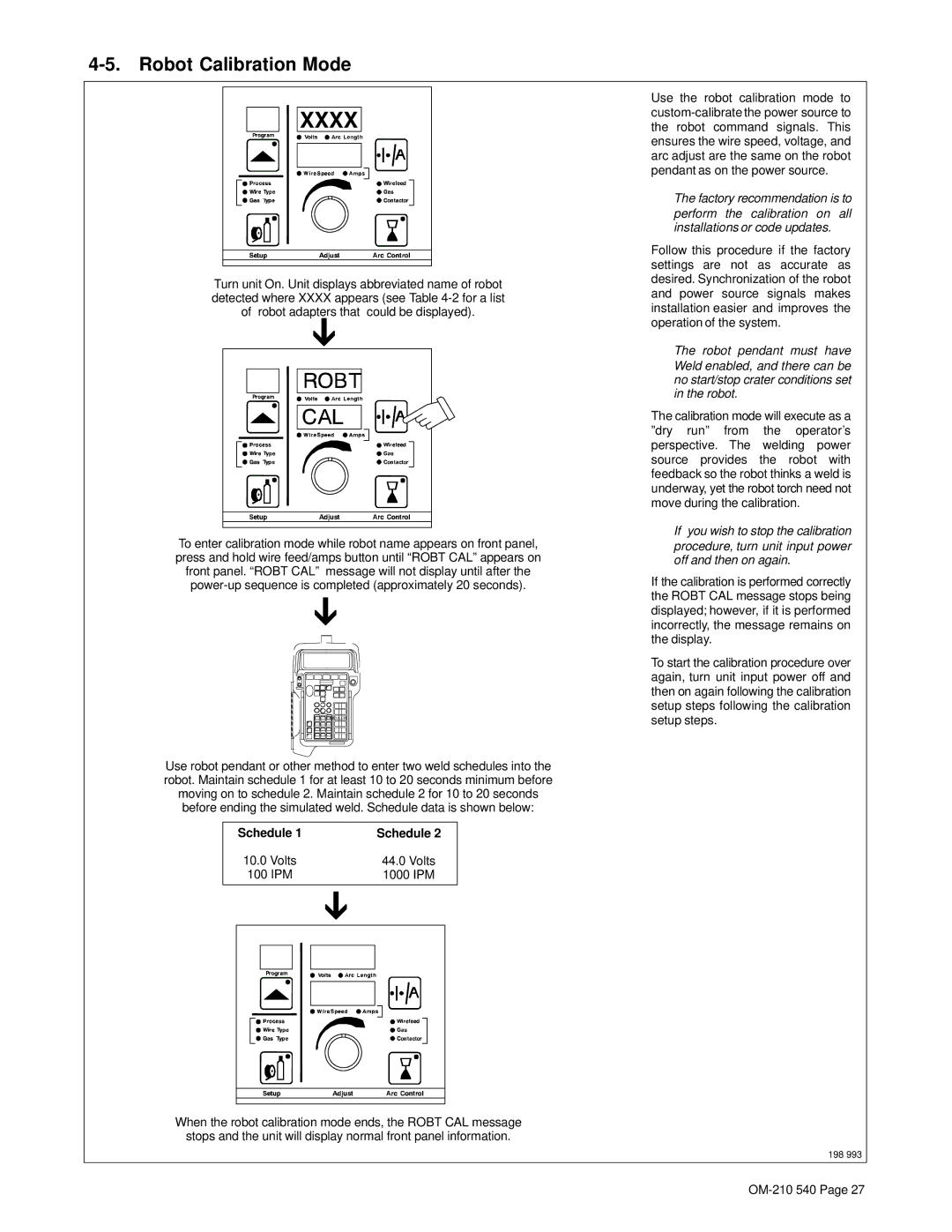 Miller Electric Auto-Axcess 450 manual Robot Calibration Mode, Schedule, IPM 1000 IPM 