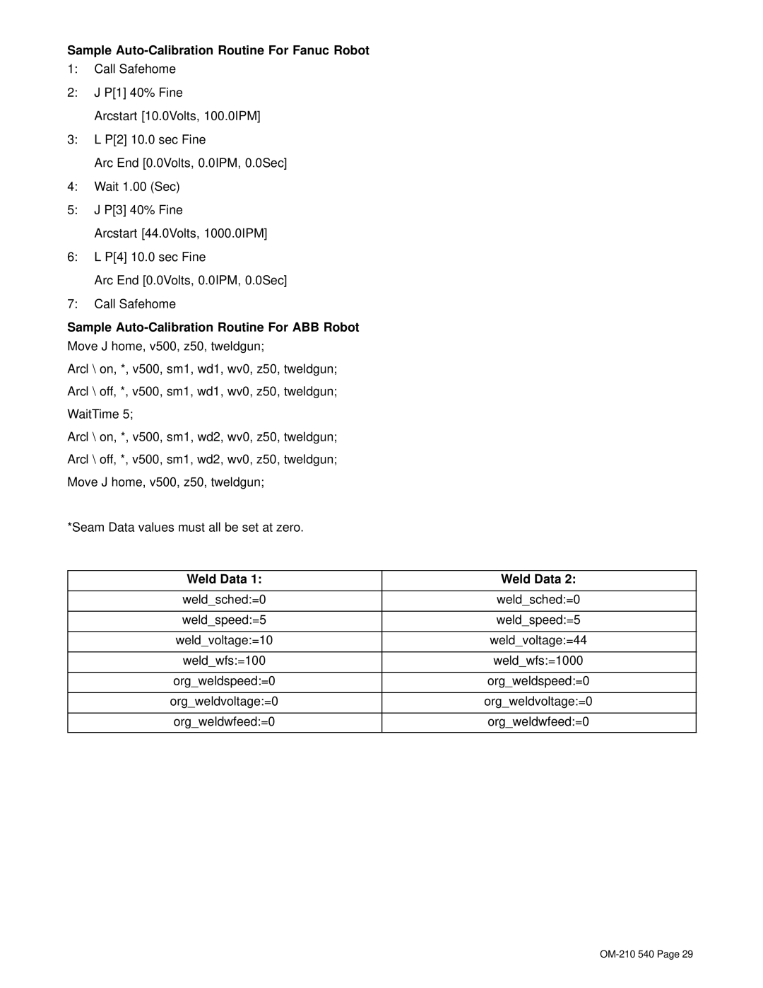 Miller Electric Auto-Axcess 450 manual Sample Auto-Calibration Routine For Fanuc Robot, Weld Data 