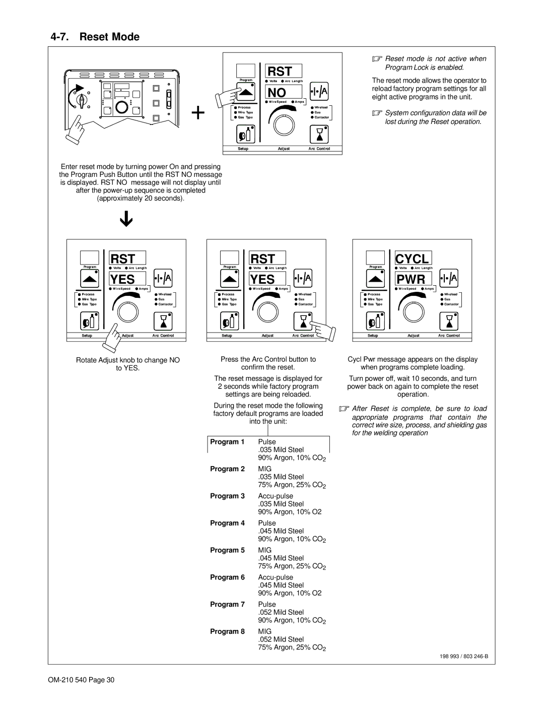 Miller Electric Auto-Axcess 450 manual Reset Mode, Pulse, Mild Steel, Accu-pulse, 90% Argon, 10% O2 