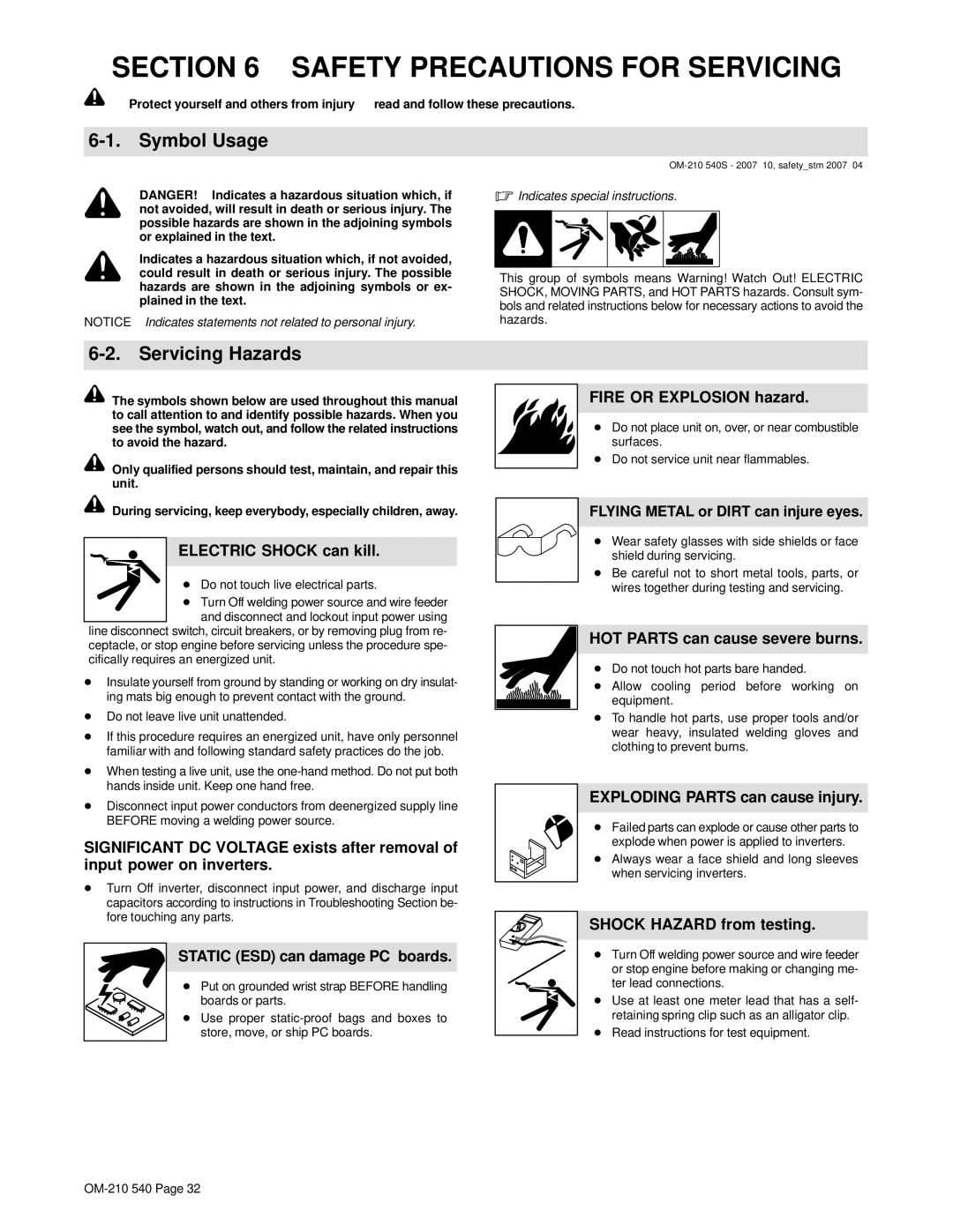 Miller Electric Auto-Axcess 450 Safety Precautions for Servicing, Servicing Hazards, Exploding Parts can cause injury 