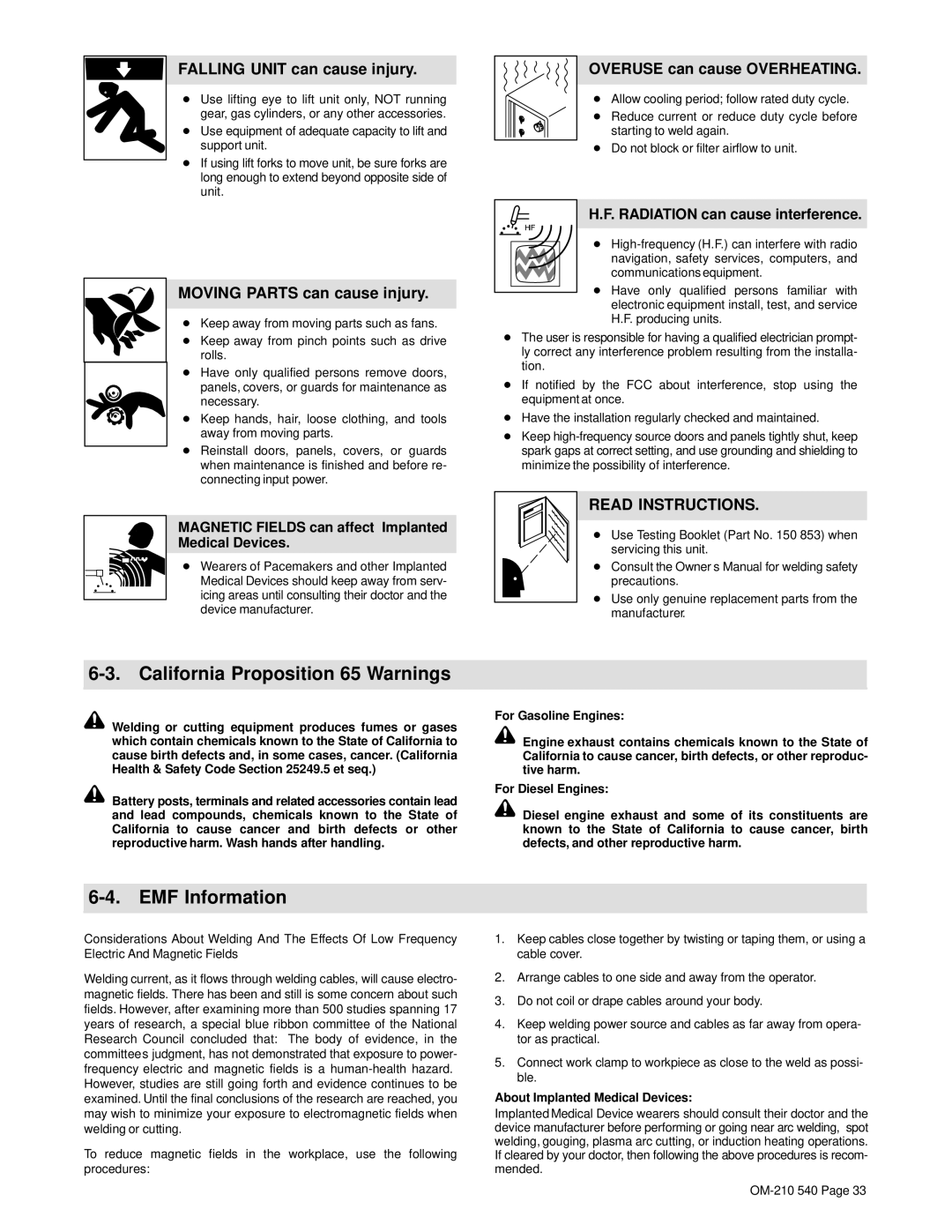 Miller Electric Auto-Axcess 450 manual California Proposition 65 Warnings 