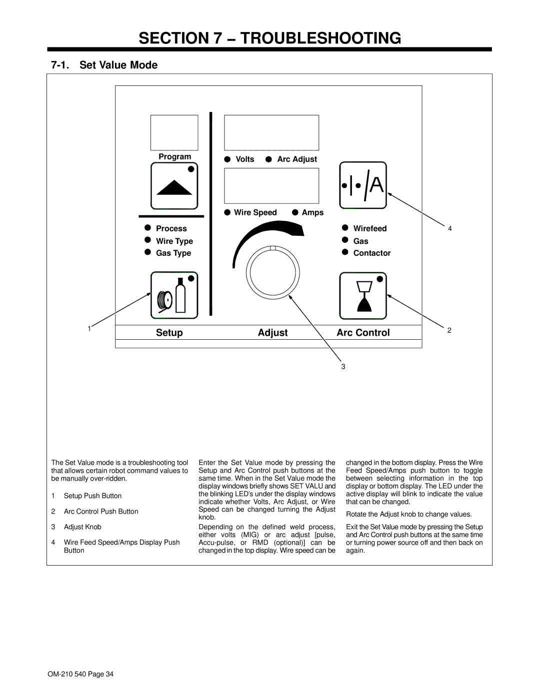 Miller Electric Auto-Axcess 450 manual Troubleshooting, Set Value Mode 