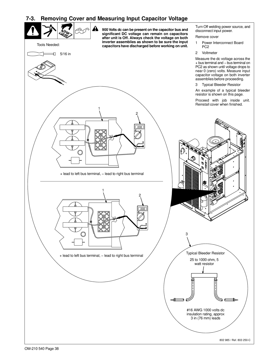 Miller Electric Auto-Axcess 450 manual Removing Cover and Measuring Input Capacitor Voltage, Tools Needed 