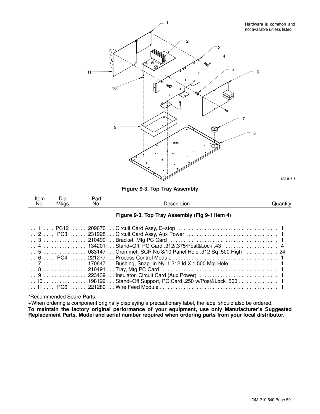 Miller Electric Auto-Axcess 450 manual Top Tray Assembly 