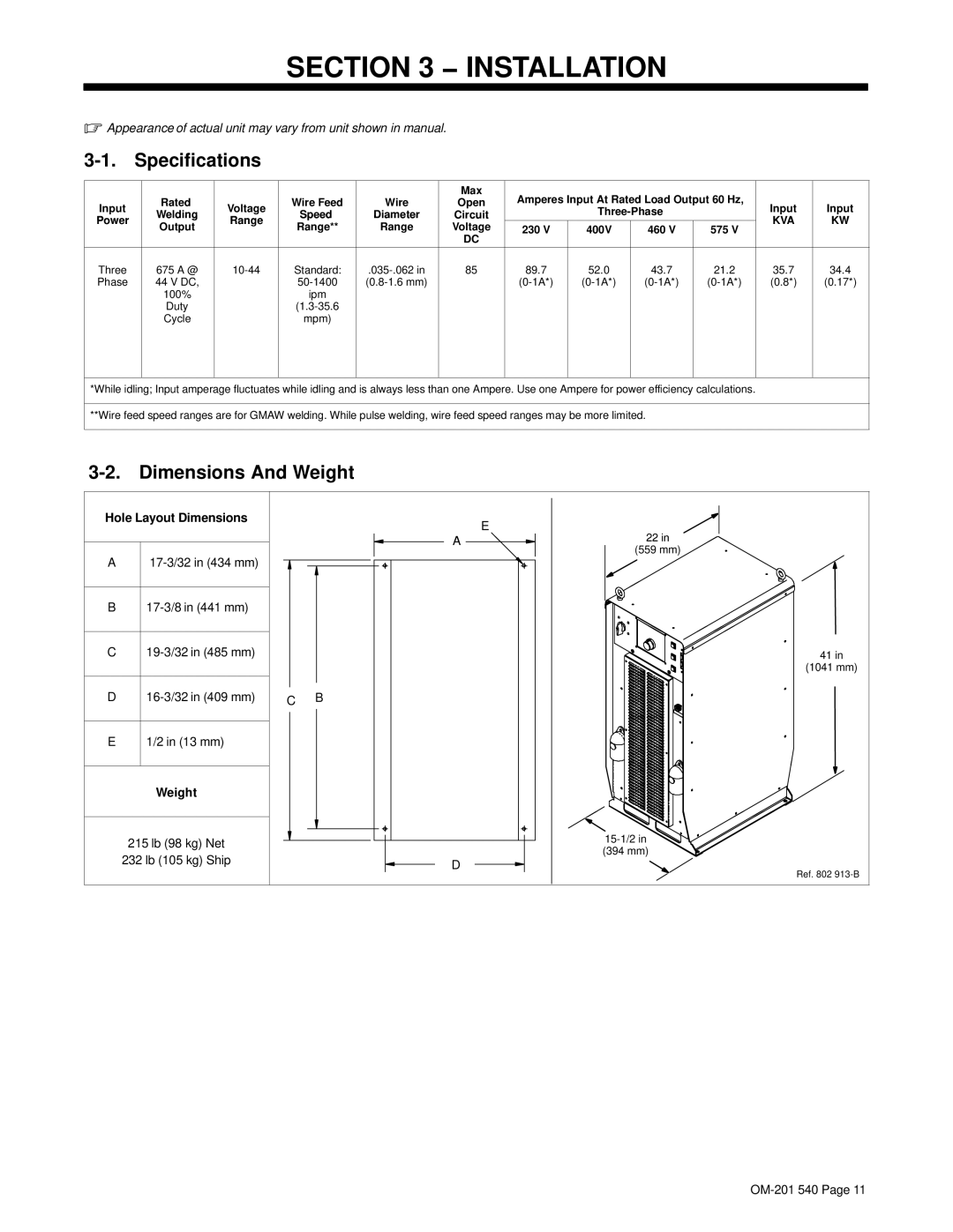 Miller Electric Auto Axcess 675 manual Installation, Specifications, Dimensions And Weight 