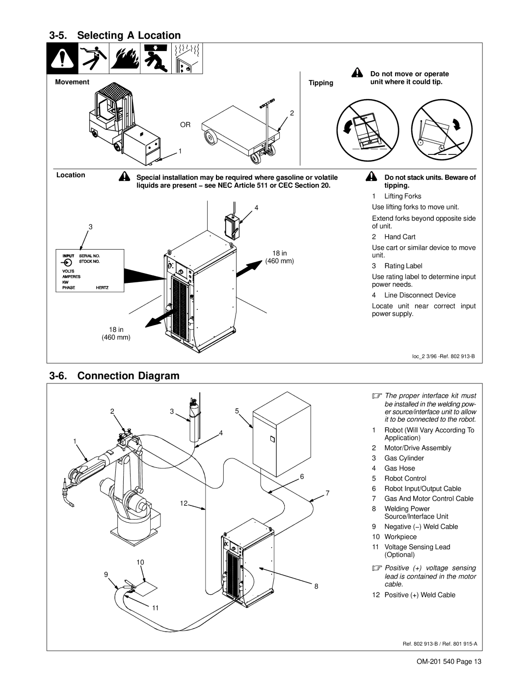 Miller Electric Auto Axcess 675 manual Selecting a Location, Connection Diagram, Movement Do not move or operate Tipping 