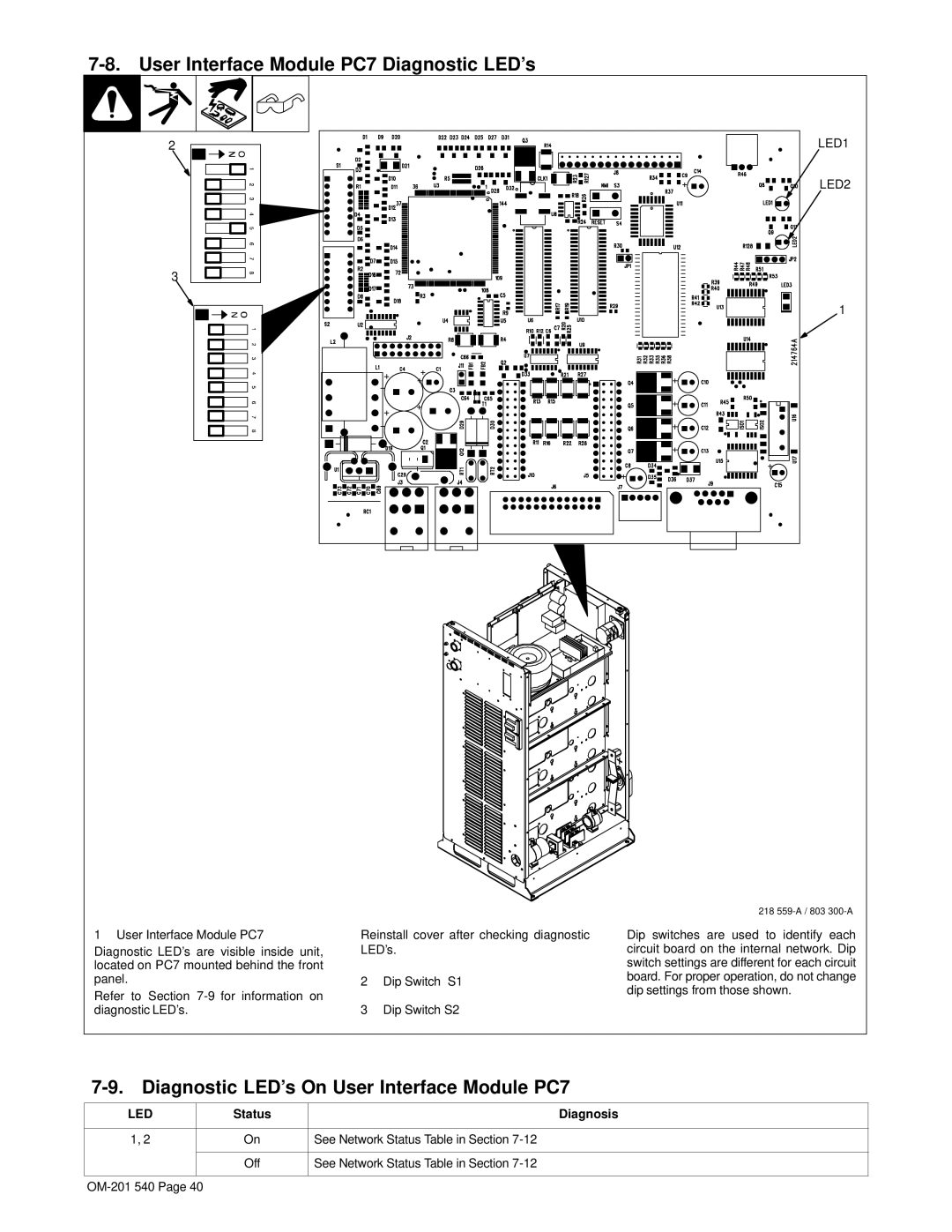 Miller Electric Auto Axcess 675 User Interface Module PC7 Diagnostic LED’s, Diagnostic LED’s On User Interface Module PC7 