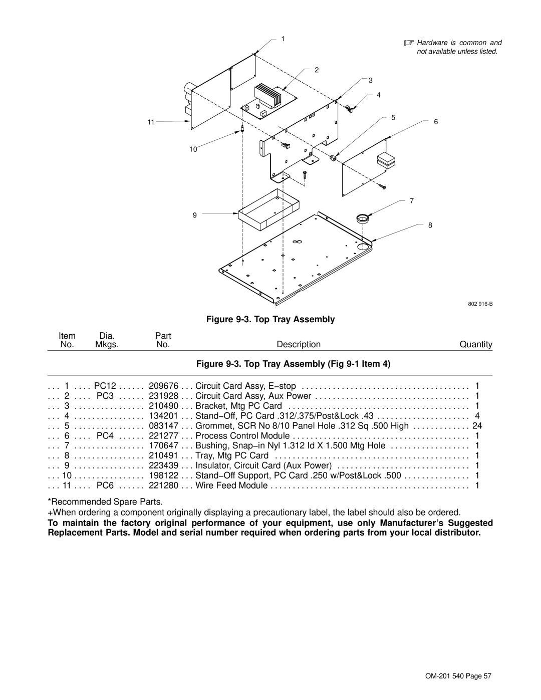 Miller Electric Auto Axcess 675 manual Top Tray Assembly 