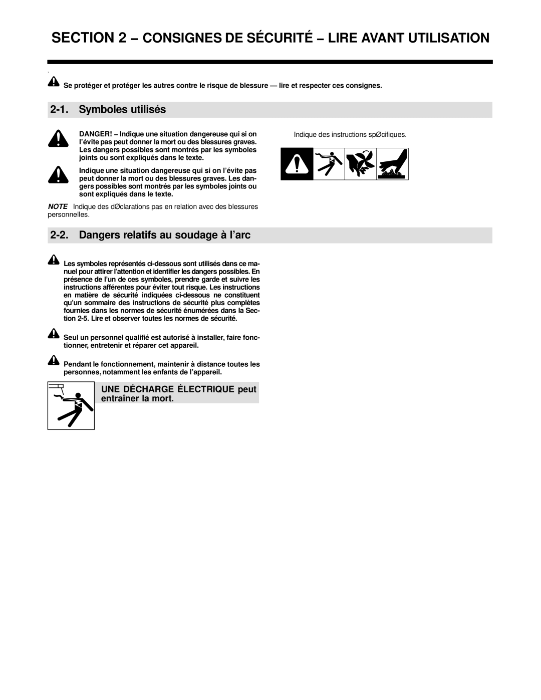 Miller Electric Axcess 300 manual Symboles utilisés, UNE Décharge Électrique peut entraîner la mort 