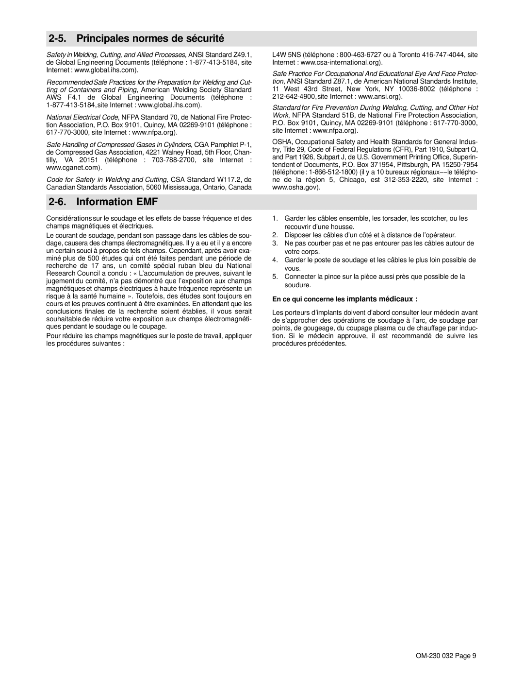 Miller Electric Axcess 300 manual Principales normes de sécurité, Information EMF, En ce qui concerne les implants médicaux 