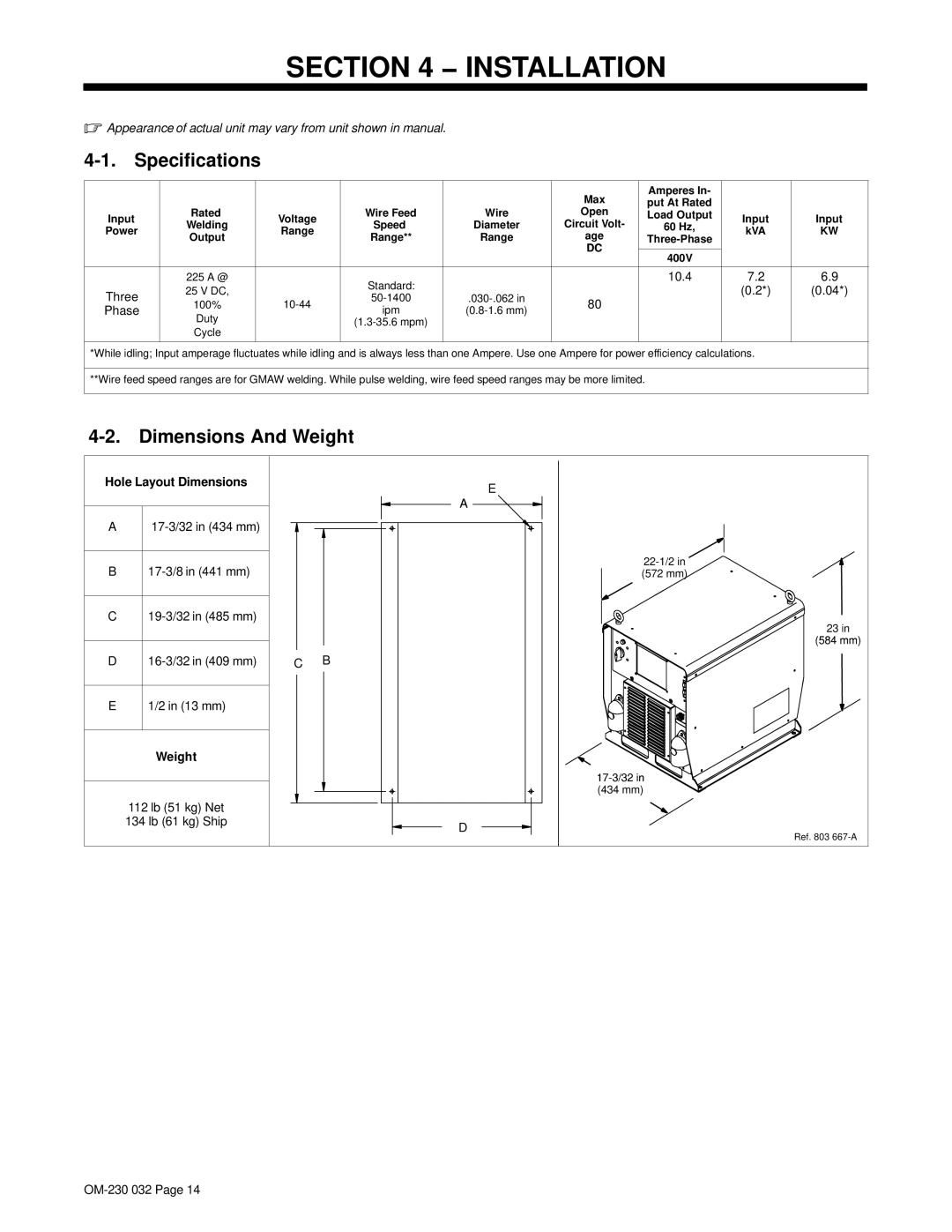 Miller Electric Axcess 300 manual Installation, Specifications, Dimensions And Weight 