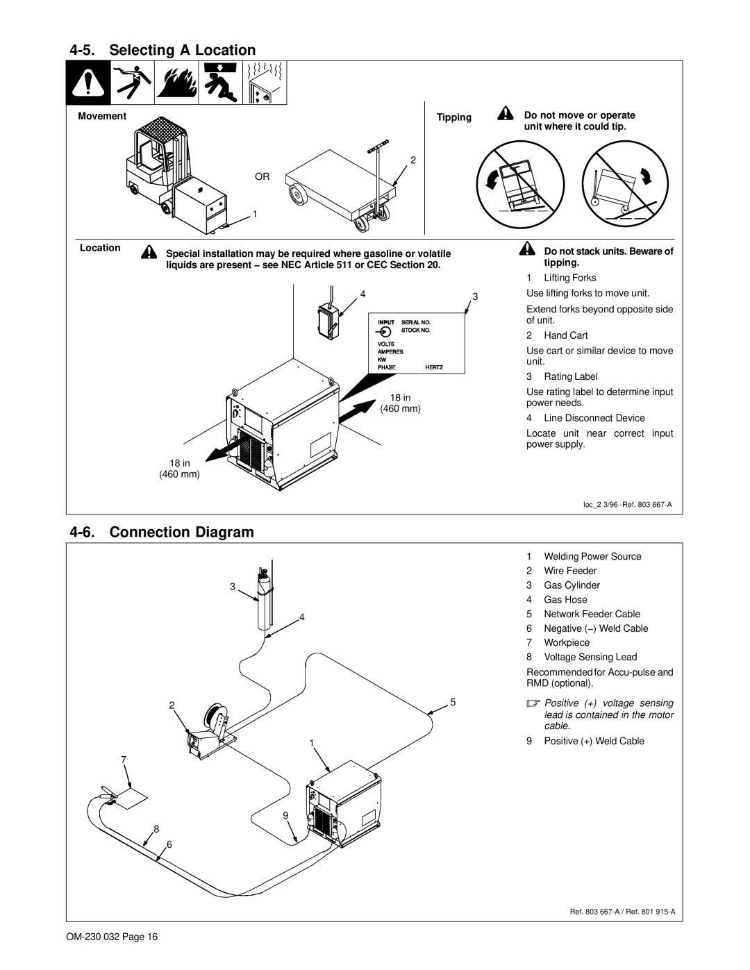 Miller Electric Axcess 300 manual Selecting a Location, Connection Diagram, Movement Tipping Do not move or operate 