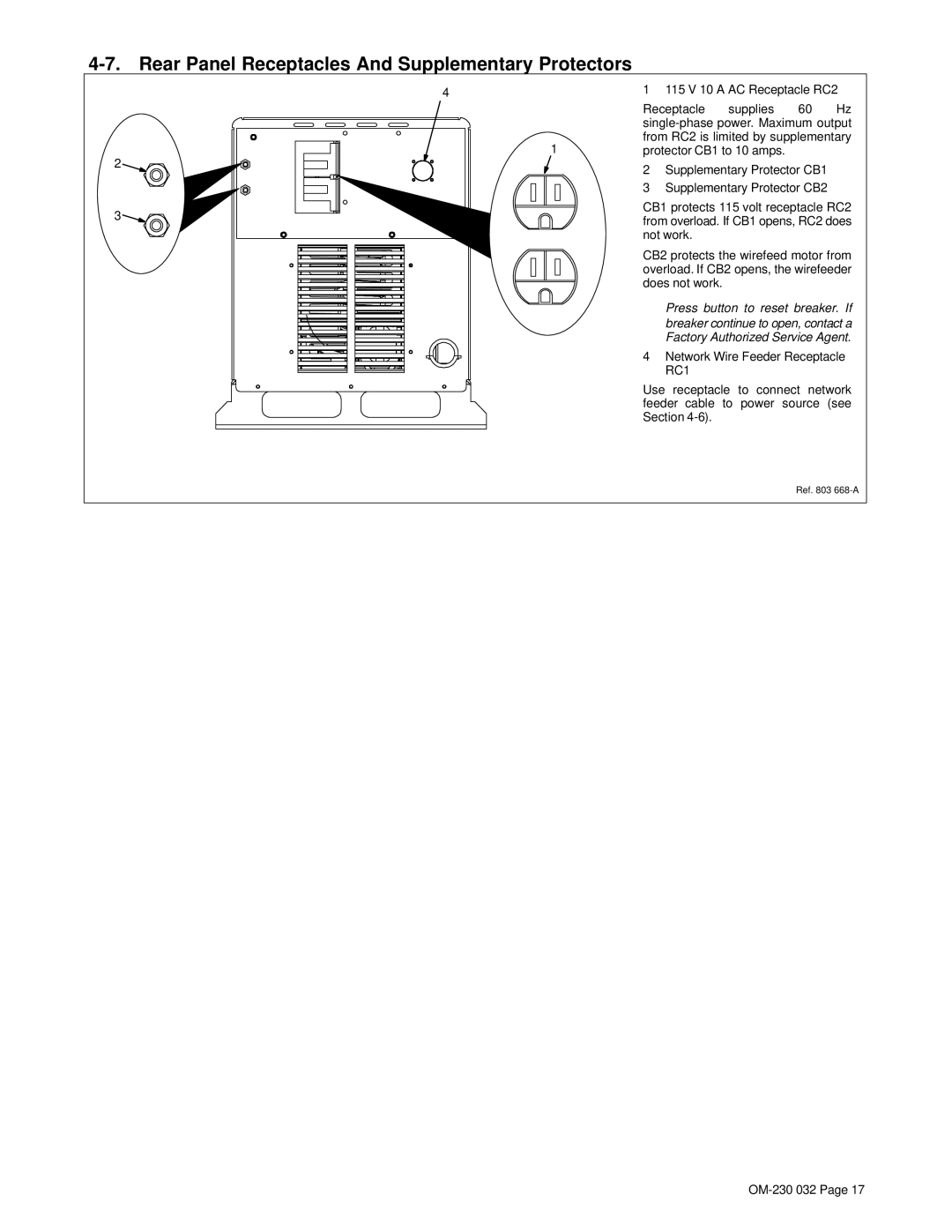 Miller Electric Axcess 300 manual Rear Panel Receptacles And Supplementary Protectors, 115 V 10 a AC Receptacle RC2 