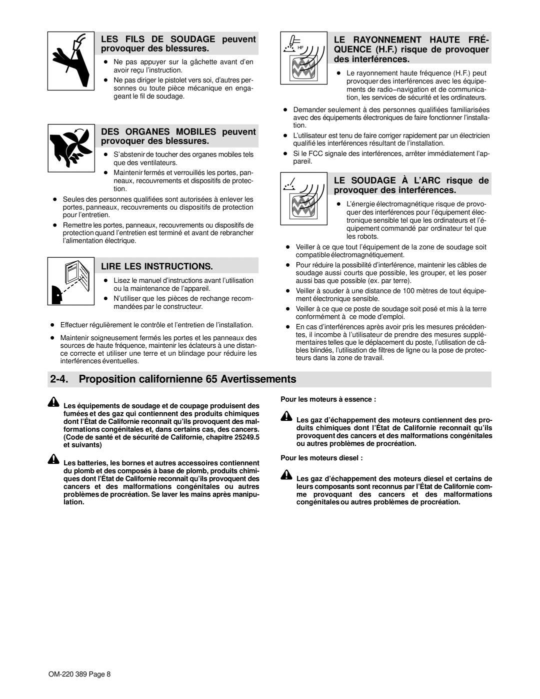 Miller Electric Axcess 450 manual Proposition californienne 65 Avertissements 