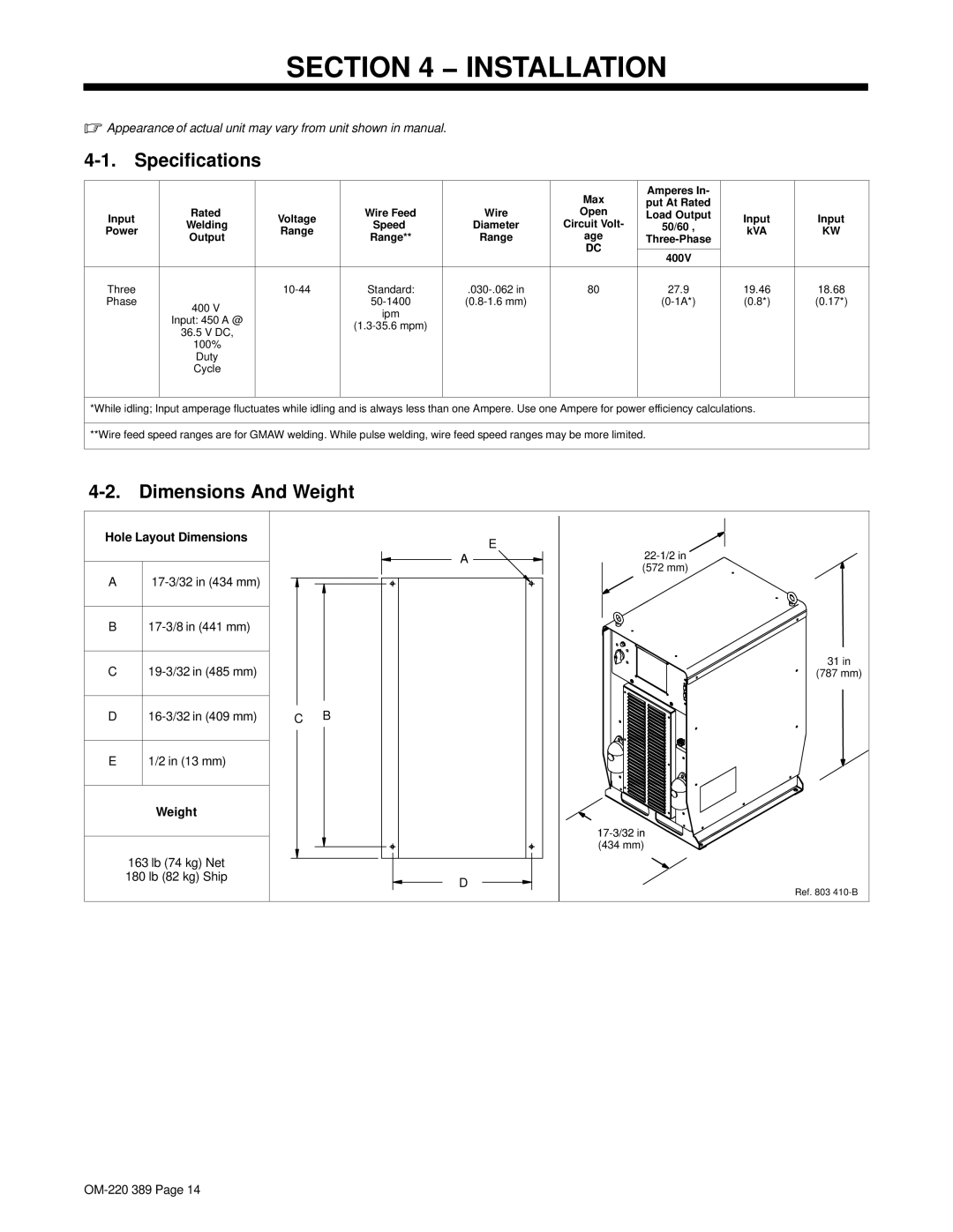 Miller Electric Axcess 450 manual Installation, Specifications, Dimensions And Weight, 16-3/32 in 409 mm 13 mm 