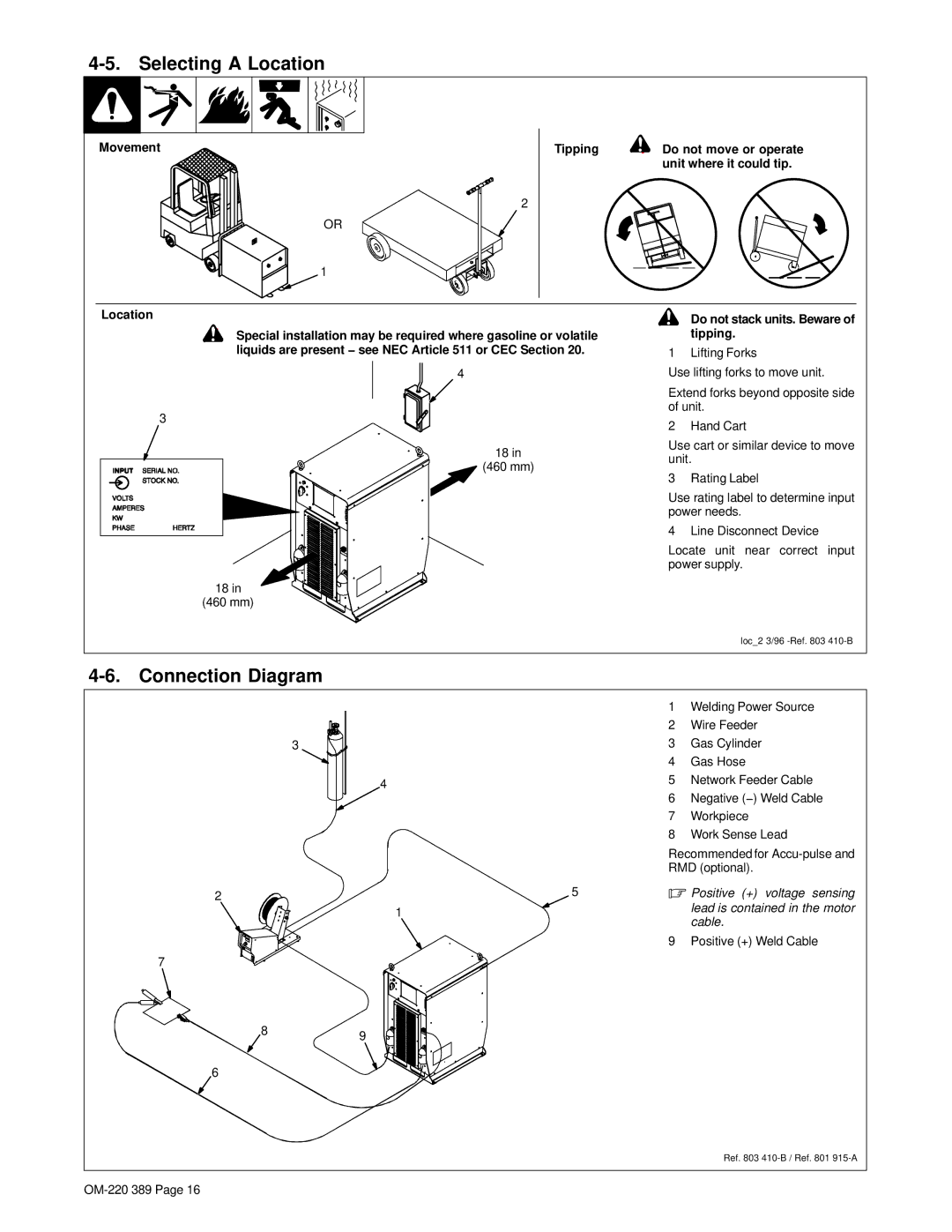 Miller Electric Axcess 450 manual Selecting a Location, Connection Diagram, Do not stack units. Beware of tipping 