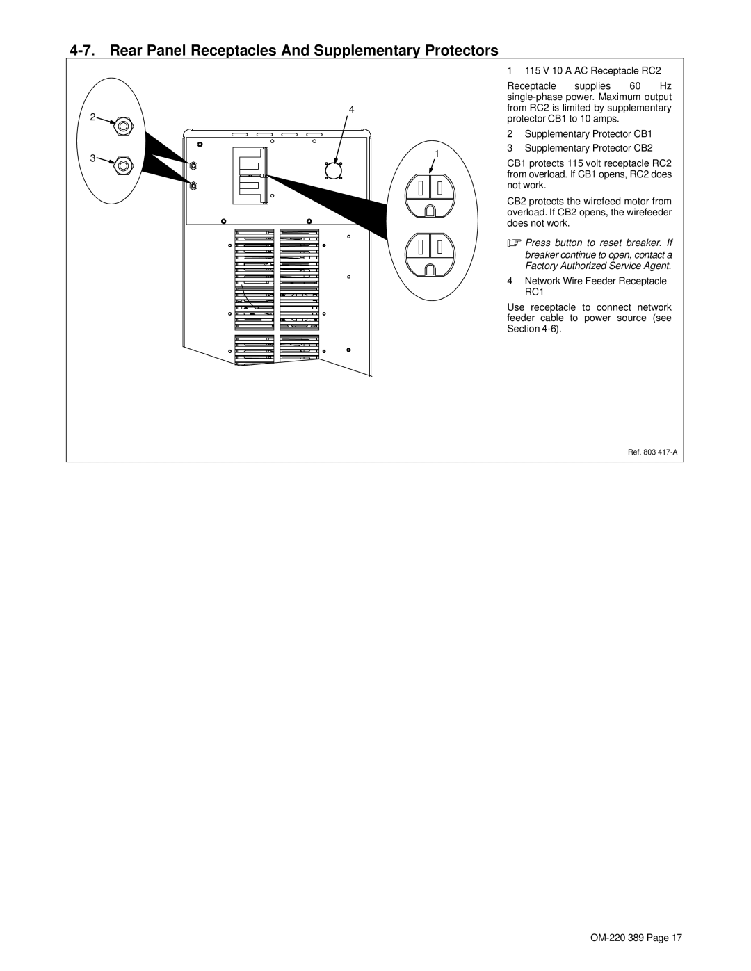 Miller Electric Axcess 450 manual Rear Panel Receptacles And Supplementary Protectors 