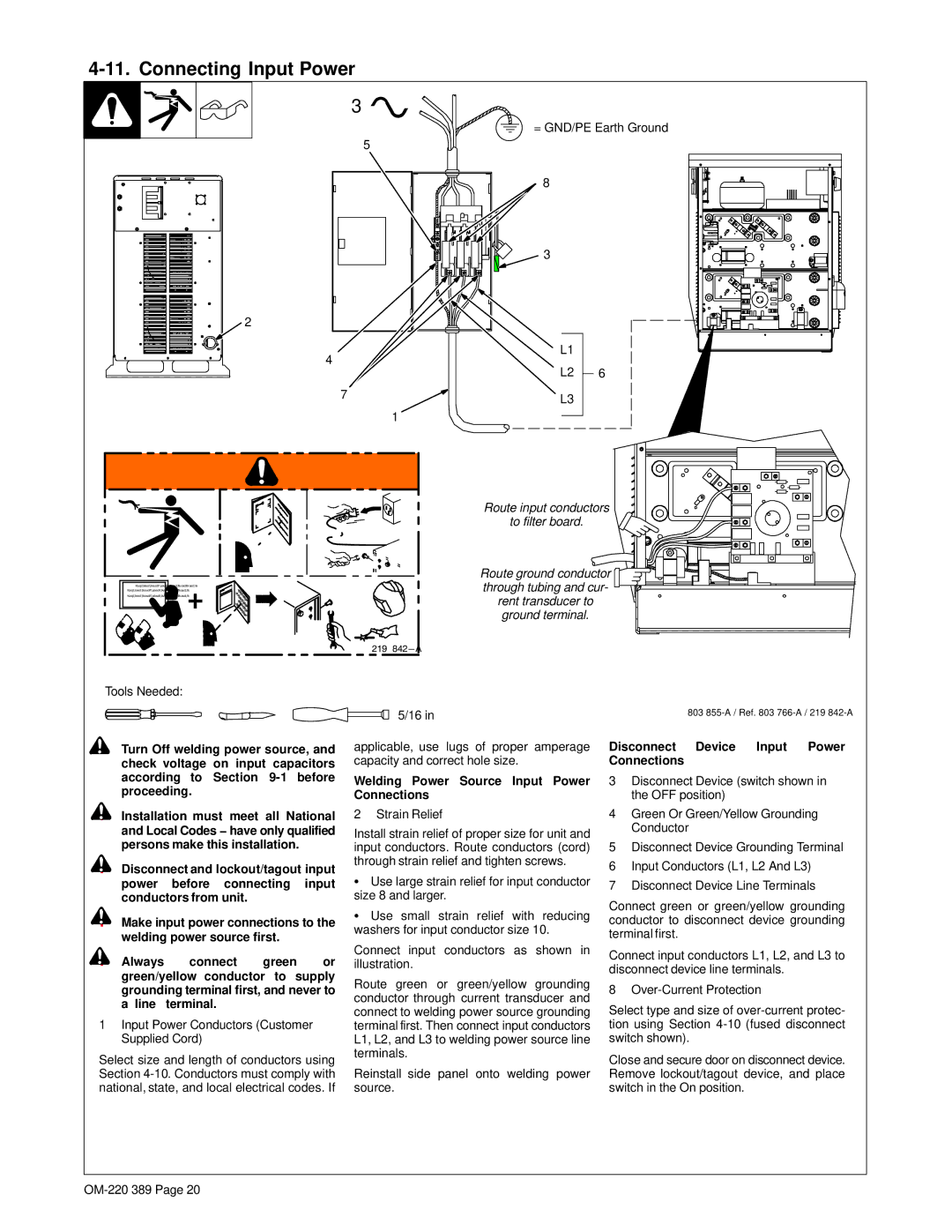 Miller Electric Axcess 450 manual Connecting Input Power, Welding Power Source Input Power Connections 