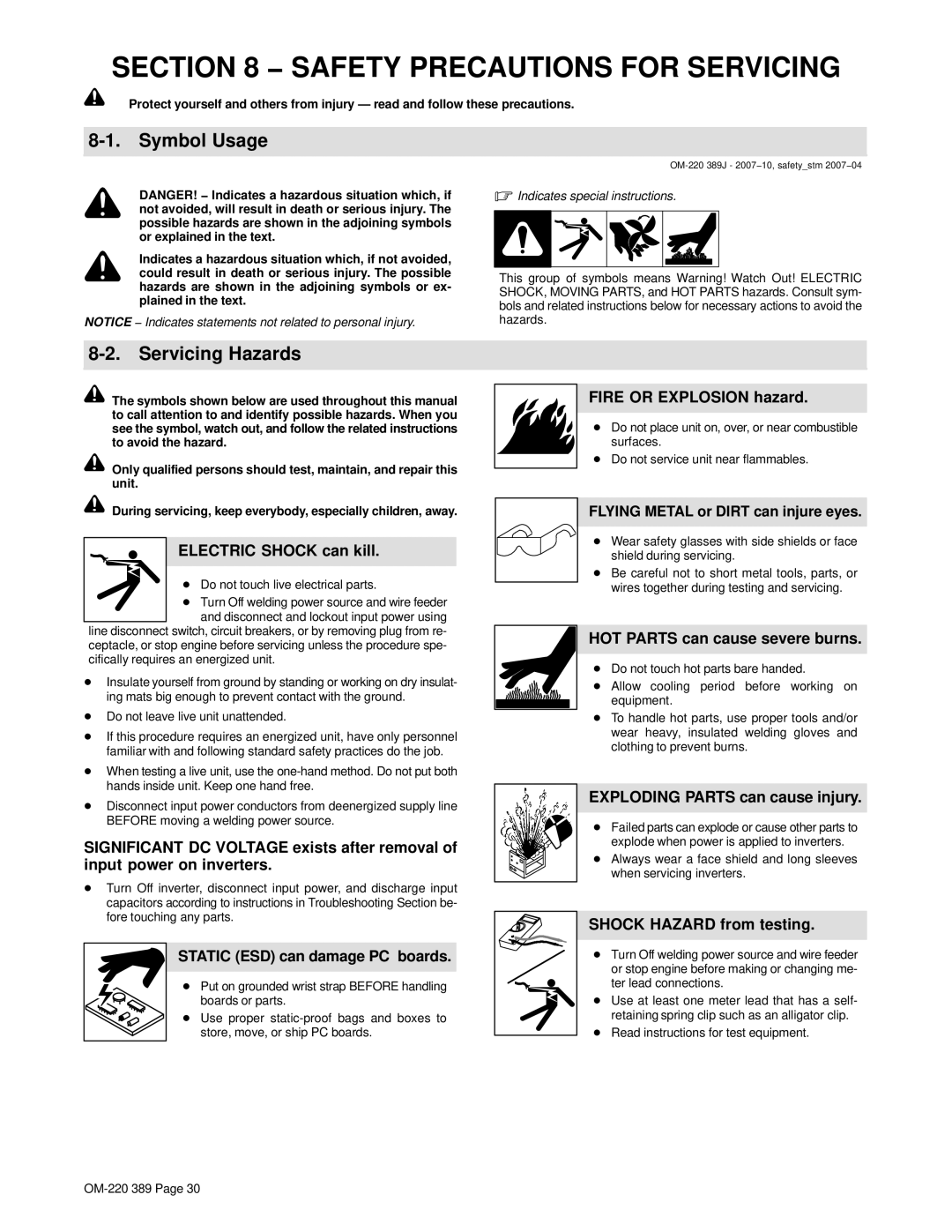 Miller Electric Axcess 450 manual Safety Precautions for Servicing, Servicing Hazards, Exploding Parts can cause injury 