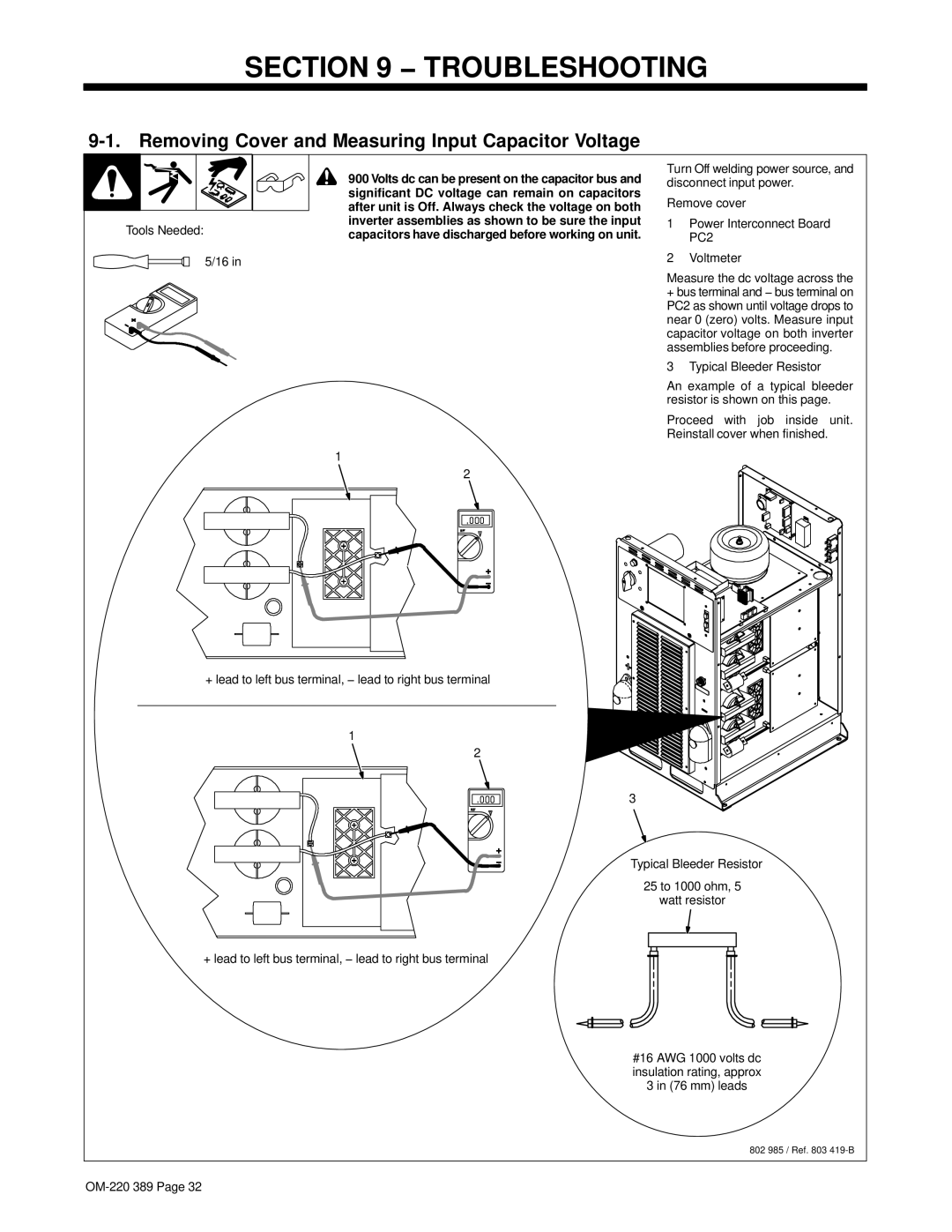 Miller Electric Axcess 450 manual Troubleshooting, Removing Cover and Measuring Input Capacitor Voltage 