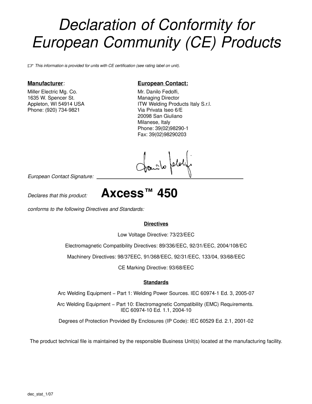 Miller Electric Axcess 450 manual Directives, Standards, Decstat1/07 