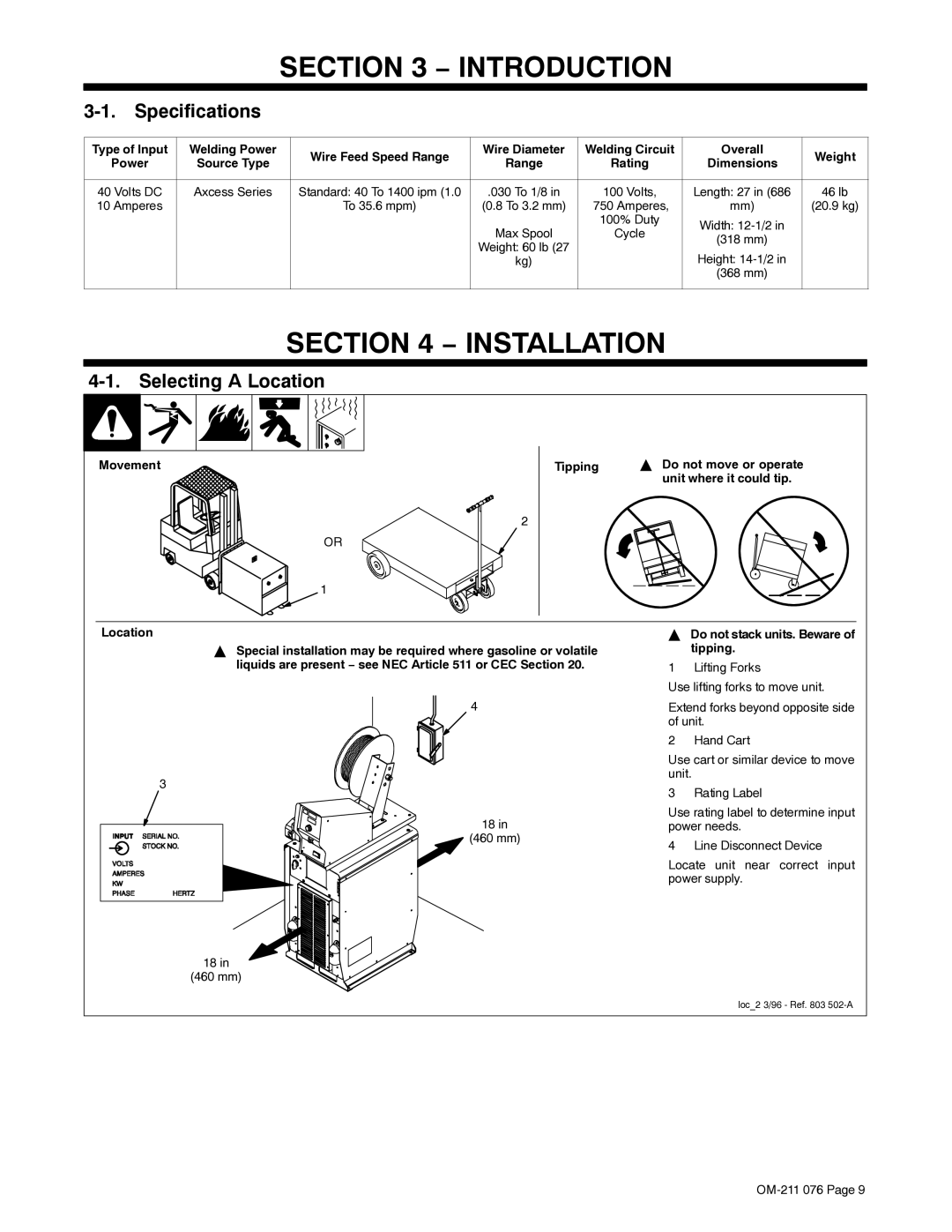 Miller Electric Axcess manual Introduction, Installation, Specifications, Selecting a Location 