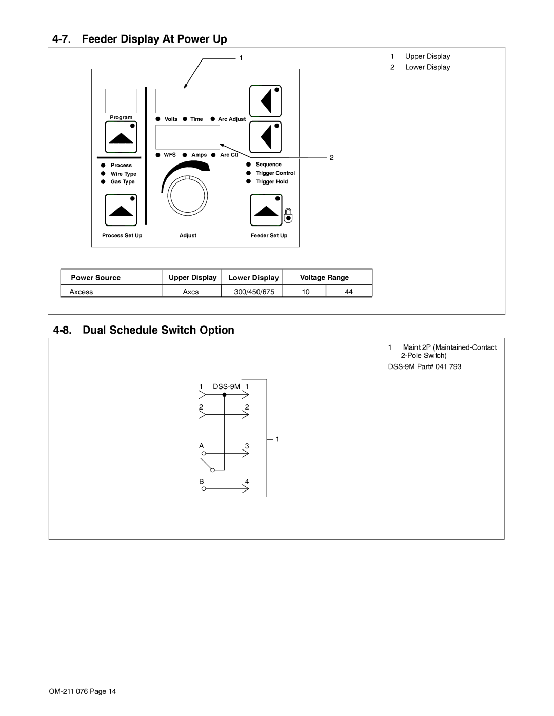 Miller Electric Axcess manual Feeder Display At Power Up, Dual Schedule Switch Option, Upper Display Lower Display 