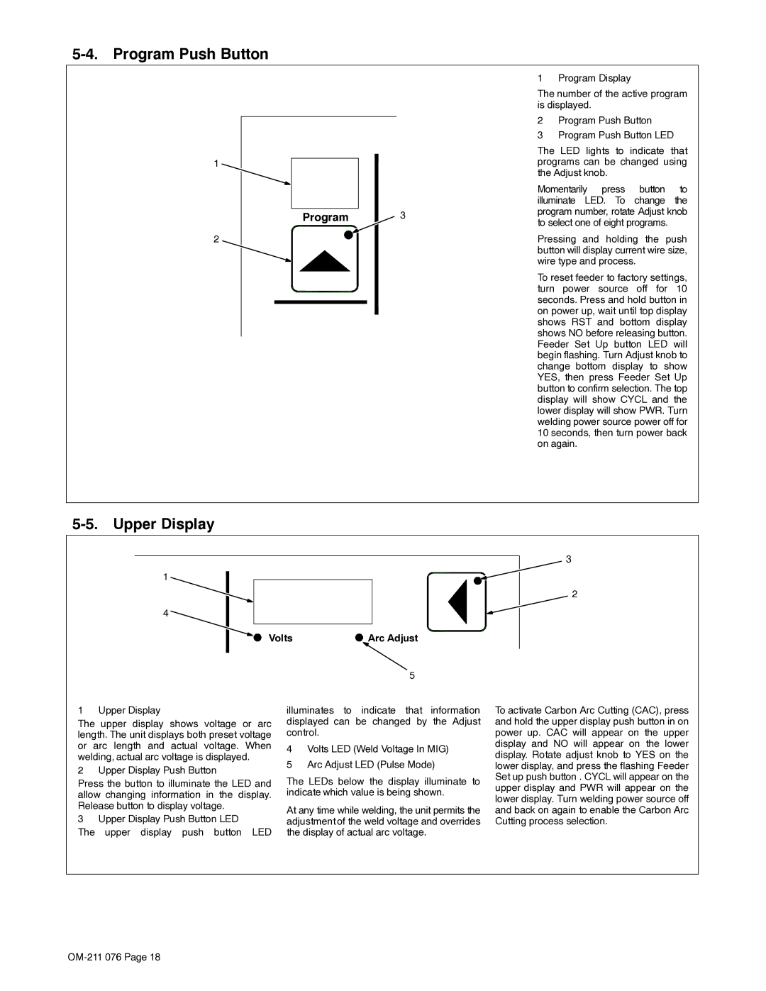 Miller Electric Axcess manual Program Push Button, Upper Display, Volts Arc Adjust 