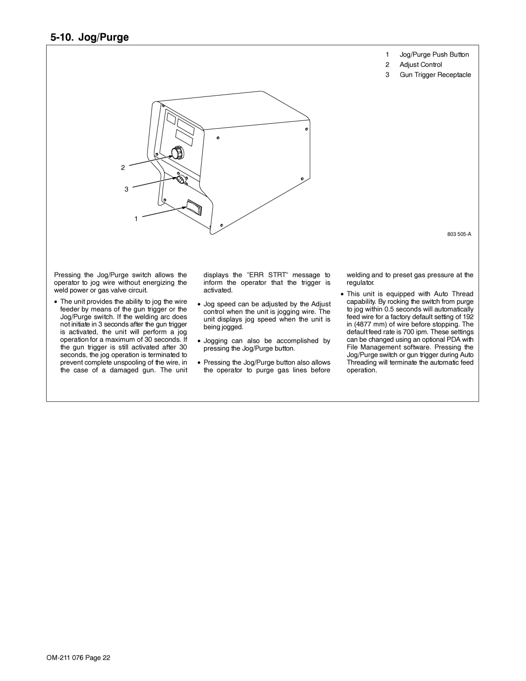 Miller Electric Axcess manual Jog/Purge Push Button Adjust Control Gun Trigger Receptacle 