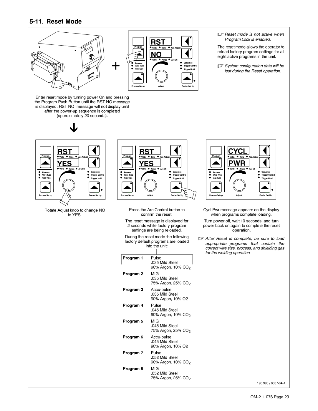 Miller Electric Axcess manual Reset Mode, Pulse, Mild Steel, Accu-pulse, 90% Argon, 10% O2 